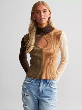 Gilded Intent Colorblock Ribbed Turtleneck Sweater in Dark Brown, Brown, Tan